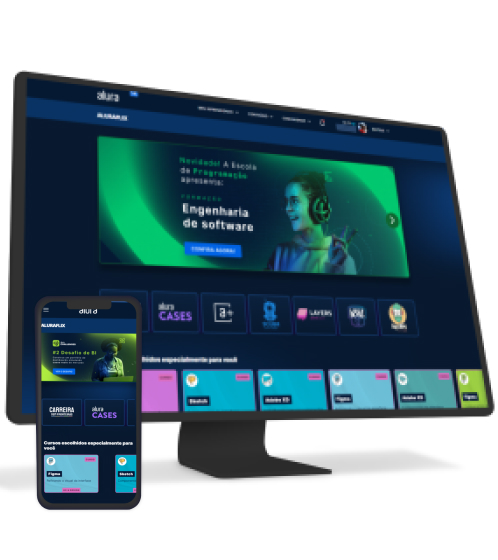 um monitor e um celular com o alura plus aberto
